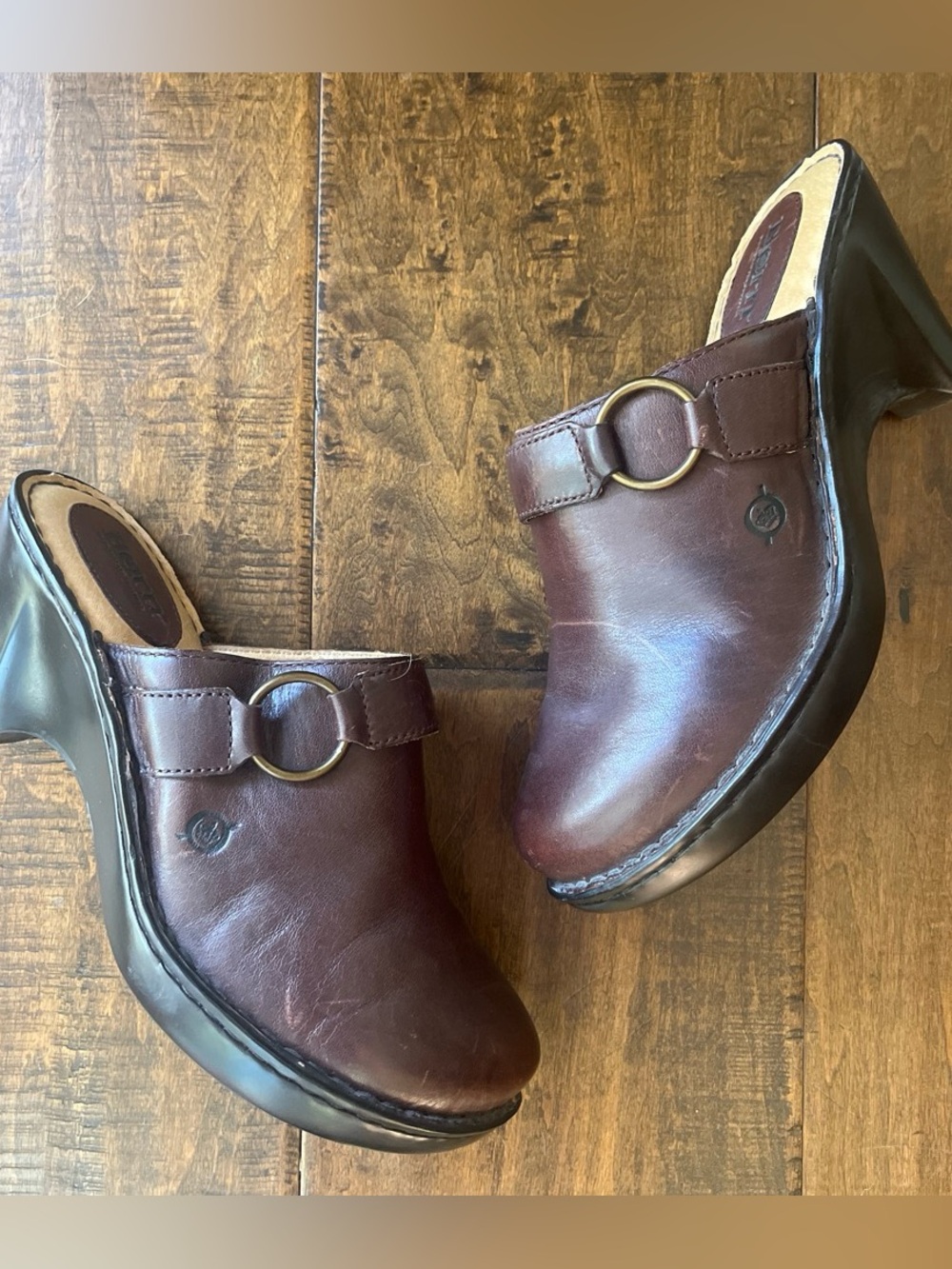 Born Brown Leather Slip-On Mules with Brass Ring Detail